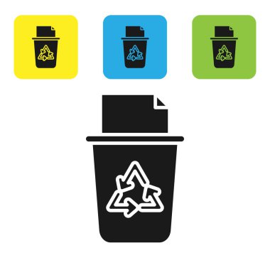 Beyaz arkaplanda izole edilmiş geri dönüşüm sembolü simgesi olan siyah geri dönüşüm kutusu. Çöp kutusu simgesi. Çöp kutusu tabelası. Geri dönüşüm sepeti işareti. Renkli kare düğmeleri ayarlayın. Vektör İllüstrasyonu