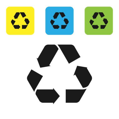 Siyah Geri Dönüşüm sembolü simgesi beyaz arkaplanda izole edildi. Dairesel ok simgesi. Çevre geri dönüşümü yeşile döner. Renkli kare düğmeleri ayarlayın. Vektör İllüstrasyonu