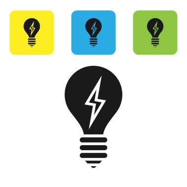 Beyaz arka planda izole edilmiş simge simgesine sahip siyah ampul. Lamba ışığı. Fikir sembolü. Renkli kare düğmeleri ayarlayın. Vektör İllüstrasyonu