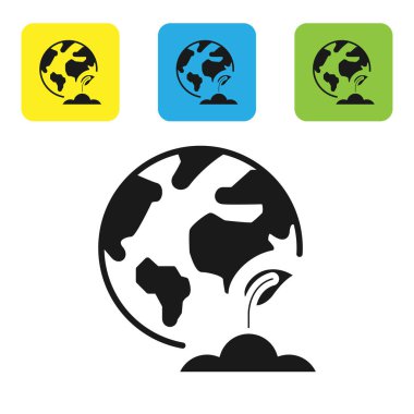 Siyah Dünya küresi ve bitki ikonu beyaz arka planda izole edilmiş. Dünya ya da Dünya işareti. Geometrik şekiller. Çevresel konsept. Renkli kare düğmeleri ayarlayın. Vektör İllüstrasyonu