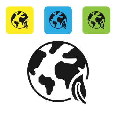 Siyah Dünya küresi ve yaprak ikonu beyaz arka planda izole edilmiş. Dünya ya da Dünya işareti. Geometrik şekiller. Çevresel konsept. Renkli kare düğmeleri ayarlayın. Vektör İllüstrasyonu