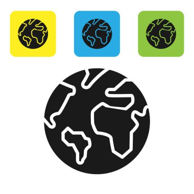 Siyah toprak küre simgesi beyaz arka planda izole. Dünya veya dünya tabelası. Küresel internet sembolü. Geometrik şekiller. Set simgeleri renkli kare düğmeler. Vektör Illustration