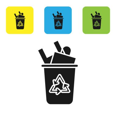 Beyaz arkaplanda izole edilmiş geri dönüşüm sembolü simgesi olan siyah geri dönüşüm kutusu. Çöp kutusu simgesi. Çöp kutusu tabelası. Geri dönüşüm sepeti işareti. Renkli kare düğmeleri ayarlayın. Vektör İllüstrasyonu