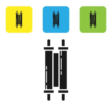 Beyaz arkaplanda siyah Tevrat kaydırma simgesi izole edildi. Genişletilmiş Yahudi Tevrat 'ı. David 'in Yıldızı sembolü. Eski parşömen tomarı. Renkli kare düğmeleri ayarlayın. Vektör İllüstrasyonu