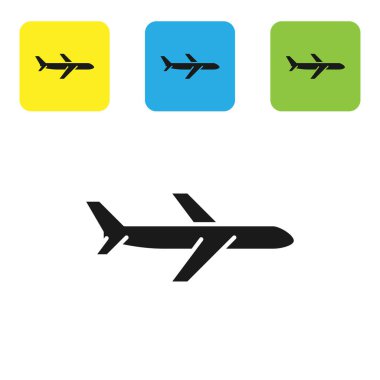 Siyah düzlem simgesi beyaz arka planda yalıtılmış. Uçan uçak simgesi. Airliner işareti. Set simgeleri renkli kare düğmeler. Vektör Illustration