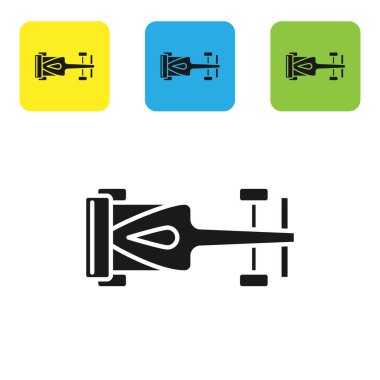 Siyah Formula yarış arabası ikonu beyaz arka planda izole edildi. Renkli kare düğmeleri ayarlayın. Vektör İllüstrasyonu
