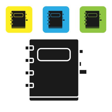 Siyah Not Defteri simgesi beyaz arkaplanda izole edildi. Spiral not defteri simgesi. Okul defteri. Yazı tahtası. Okul günlüğü. Renkli kare düğmeleri ayarlayın. Vektör İllüstrasyonu