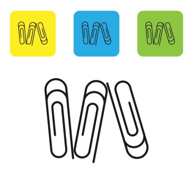 Siyah kağıt klip simgesi beyaz arka planda yalıtılmış. Set simgeleri renkli kare düğmeler. Vektör Illustration