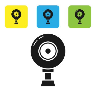 Siyah Web kamera simgesi beyaz arka planda yalıtılmış. Sohbet kamera. Web Kamerası simgesi. Set simgeleri renkli kare düğmeler. Vektör Illustration