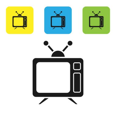 Beyaz arkaplanda siyah televizyon simgesi izole edildi. Televizyon tabelası. Renkli kare düğmeleri ayarlayın. Vektör İllüstrasyonu
