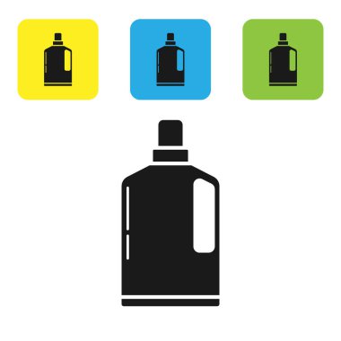Sıvı çamaşır deterjanı, çamaşır suyu, bulaşık deterjanı ya da beyaz arka planda izole edilmiş başka bir temizlik maddesi ikonu için siyah plastik şişe. Renkli kare düğmeleri ayarlayın. Vektör İllüstrasyonu