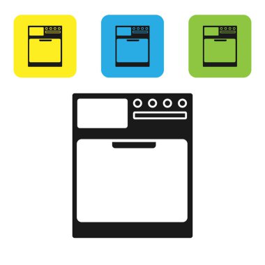 Siyah çamaşır makinesi simgesi beyaz arkaplanda izole edilmiş. Çamaşır makinesi simgesi. Çamaşır makinesi, çamaşır makinesi. Ev aletleri sembolü. Renkli kare düğmeleri ayarlayın. Vektör İllüstrasyonu