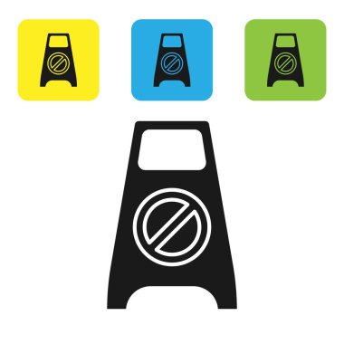 Siyah ıslak zemin ve temizlik ikonu beyaz arka planda izole edildi. Temizlik hizmeti konsepti. Renkli kare düğmeleri ayarlayın. Vektör İllüstrasyonu