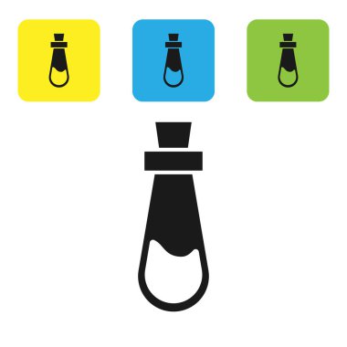 Beyaz zemin üzerinde iksir ikonu olan siyah şişe. Sihirli iksirli matara. Mutlu Cadılar Bayramı Partisi. Renkli kare düğmeleri ayarlayın. Vektör İllüstrasyonu