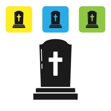 Beyaz arka planda çapraz simgesi olan siyah Tombstone. Mezar ikonu. Renkli kare düğmeleri ayarlayın. Vektör İllüstrasyonu