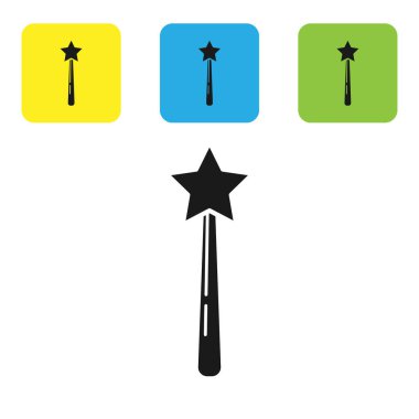 Siyah Magic değnek simgesi beyaz arka plan üzerinde izole. Yıldız şekli sihirli aksesuar. Sihirli güç. Simgeleri renkli kare düğmeleri ayarlayın. Vektör İllüstrasyonu