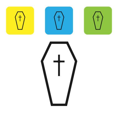 Beyaz arka planda Hristiyan haçı simgesi olan siyah tabut. Mutlu Cadılar Bayramı Partisi. Renkli kare düğmeleri ayarlayın. Vektör İllüstrasyonu