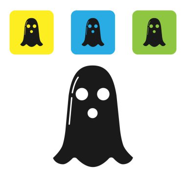 Siyah Hayalet simgesi beyaz arkaplanda izole edildi. Mutlu Cadılar Bayramı Partisi. Renkli kare düğmeleri ayarlayın. Vektör İllüstrasyonu