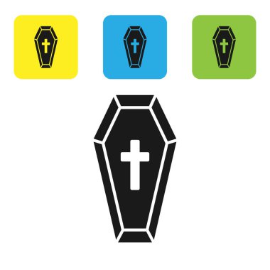 Beyaz arka planda Hristiyan haçı simgesi olan siyah tabut. Mutlu Cadılar Bayramı Partisi. Renkli kare düğmeleri ayarlayın. Vektör İllüstrasyonu