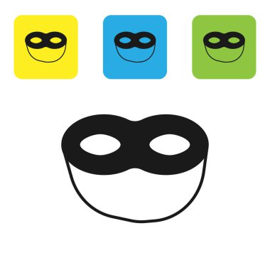 Siyah Festive maske simgesi beyaz arkaplanda izole edildi. Renkli kare düğmeleri ayarlayın. Vektör İllüstrasyonu