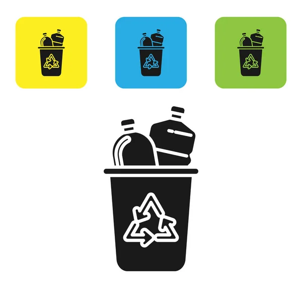 Lixeira preta com ícone de símbolo de reciclagem isolado no fundo branco. Ícone da lata de lixo. Sinal de lixeira. Sinal de cesta de reciclagem. Definir ícones coloridos botões quadrados. Ilustração vetorial — Vetor de Stock