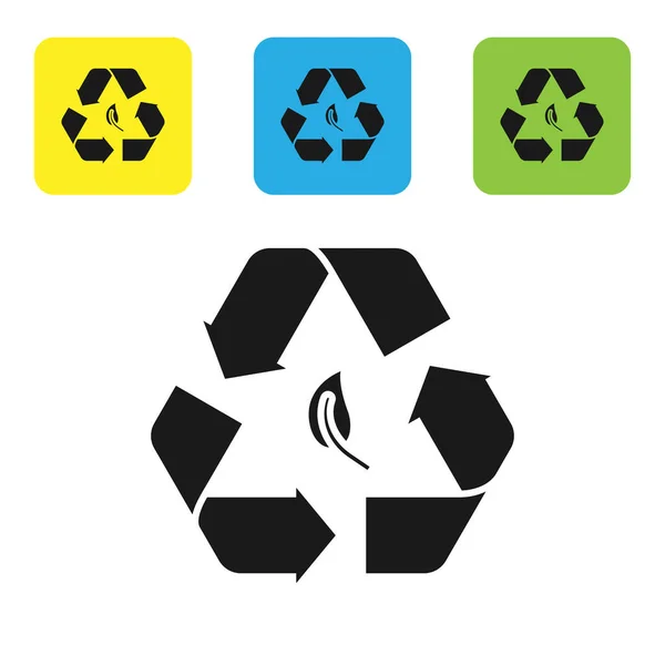 Negro Reciclar símbolo y hoja icono aislado sobre fondo blanco. El medio ambiente reciclable se vuelve verde. Establecer iconos coloridos botones cuadrados. Ilustración vectorial — Vector de stock