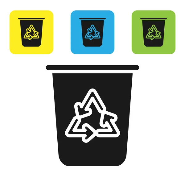 黑色回收箱与回收符号图标隔离在白色背景. 垃圾可以图标。 垃圾箱标志。 回收篮标志。 设置彩色正方形按钮图标. 病媒图解 — 图库矢量图片