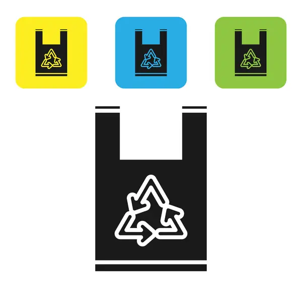 Bolsa de plástico negro con icono de reciclaje aislado sobre fondo blanco. Bolsa con símbolo de reciclaje. Establecer iconos coloridos botones cuadrados. Ilustración vectorial — Vector de stock