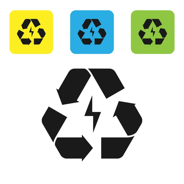 Batería negra con icono de línea de símbolo de reciclaje aislado sobre fondo blanco. Batería con símbolo de reciclaje - concepto de energía renovable. Establecer iconos coloridos botones cuadrados. Ilustración vectorial — Vector de stock