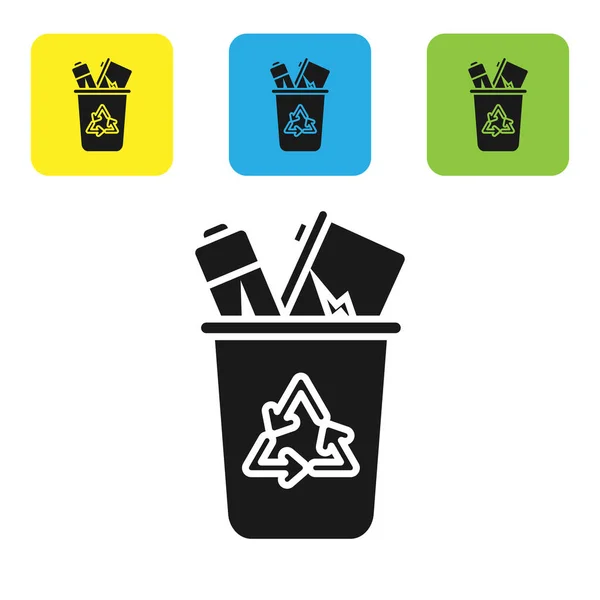 黑色回收箱与回收符号图标隔离在白色背景. 垃圾可以图标。 垃圾箱标志。 回收篮标志。 设置彩色正方形按钮图标. 病媒图解 — 图库矢量图片