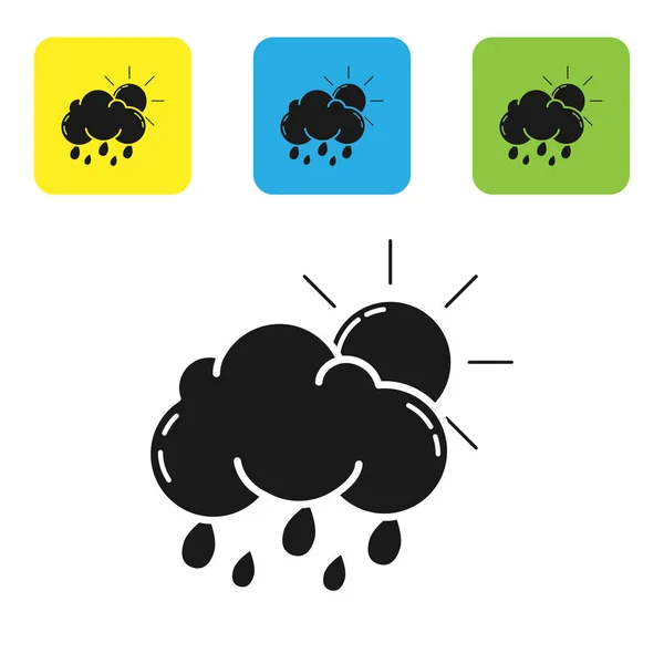 Черный цвет с иконой дождя и солнца на белом фоне. Осадки дождевых облаков с капельками дождя. Настроить иконки красочные квадратные кнопки. Векторная миграция — стоковый вектор