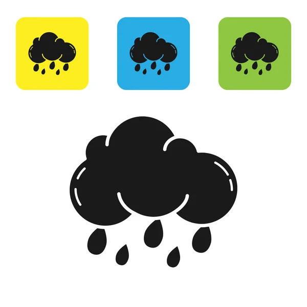 Черный с иконой дождя на белом фоне. Осадки дождевых облаков с капельками дождя. Настроить иконки красочные квадратные кнопки. Векторная миграция — стоковый вектор