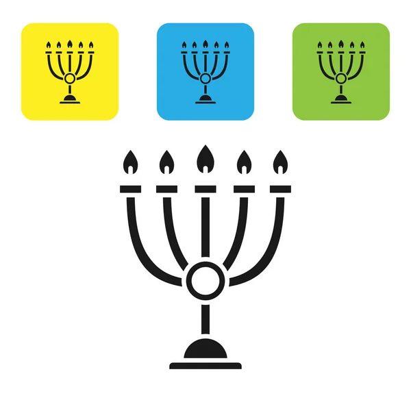 Icono de Hanukkah menorah negro aislado sobre fondo blanco. Hanukkah símbolo tradicional. Religión navideña, festival judío de las Luces. Establecer iconos coloridos botones cuadrados. Ilustración vectorial — Vector de stock