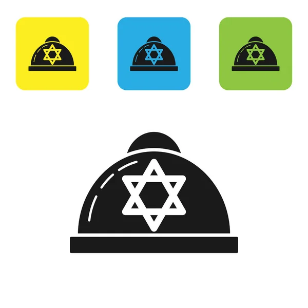 Чёрный еврейский кипа со звездой иконы Дэвида изолирован на белом фоне. Еврейская ермолка. Настроить иконки красочные квадратные кнопки. Векторная миграция — стоковый вектор