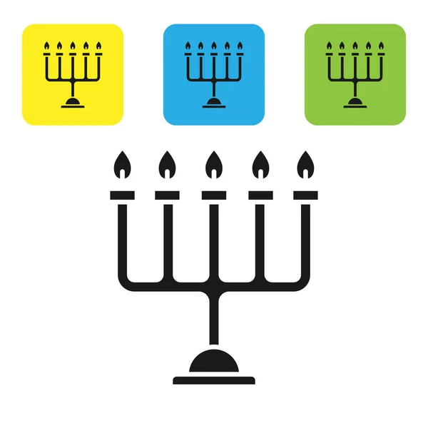 Icono de Hanukkah menorah negro aislado sobre fondo blanco. Hanukkah símbolo tradicional. Religión navideña, festival judío de las Luces. Establecer iconos coloridos botones cuadrados. Ilustración vectorial — Vector de stock