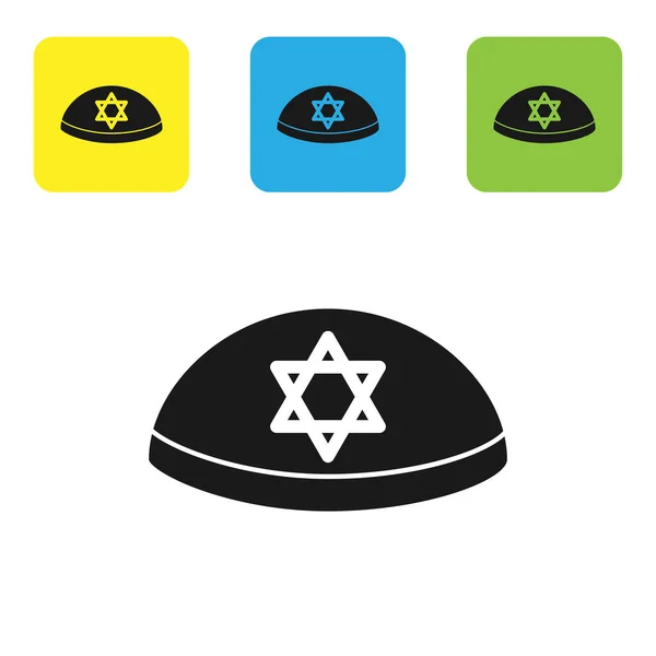 Kippah juif noir avec étoile de l'icône de David isolé sur fond blanc. Chapeau yarmulke juif. Set icônes boutons carrés colorés. Illustration vectorielle — Image vectorielle