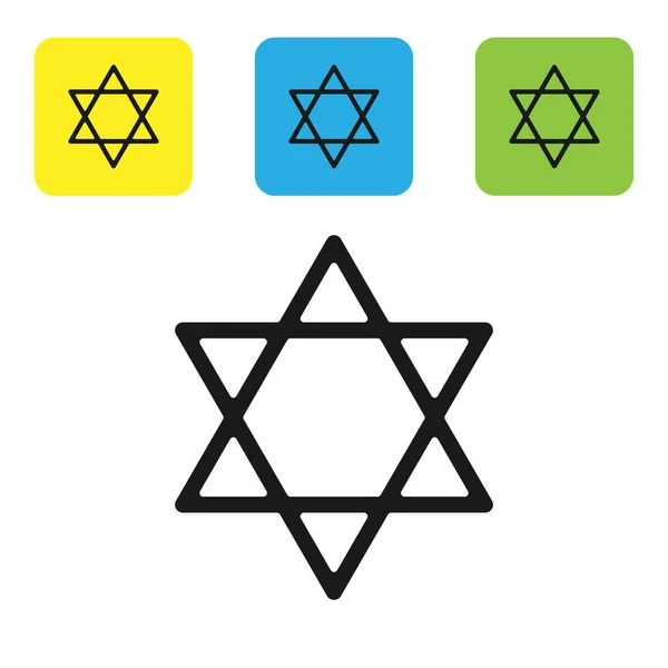 David 'in Siyah Yıldızı simgesi beyaz arkaplanda izole edilmiş. Yahudi dini sembolü. İsrail 'in sembolü. Renkli kare düğmeleri ayarlayın. Vektör İllüstrasyonu — Stok Vektör