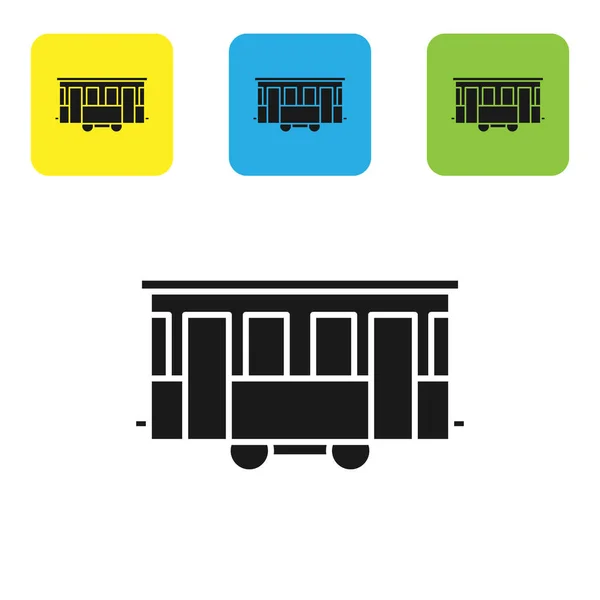 ब्लैक ओल्ड सिटी ट्राम आइकन सफेद पृष्ठभूमि पर अलग है। सार्वजनिक परिवहन प्रतीक। प्रतीक रंगीन वर्ग बटन सेट करें. वेक्टर इलस्ट्रेशन — स्टॉक वेक्टर