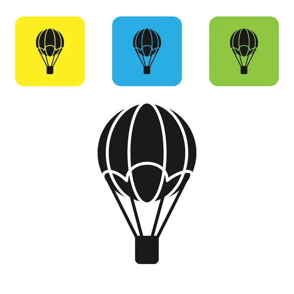 Schwarzes Heißluftballon-Symbol isoliert auf weißem Hintergrund. Luftverkehr für Reisen. setzen Symbole bunte quadratische Tasten. Vektorillustration — Stockvektor