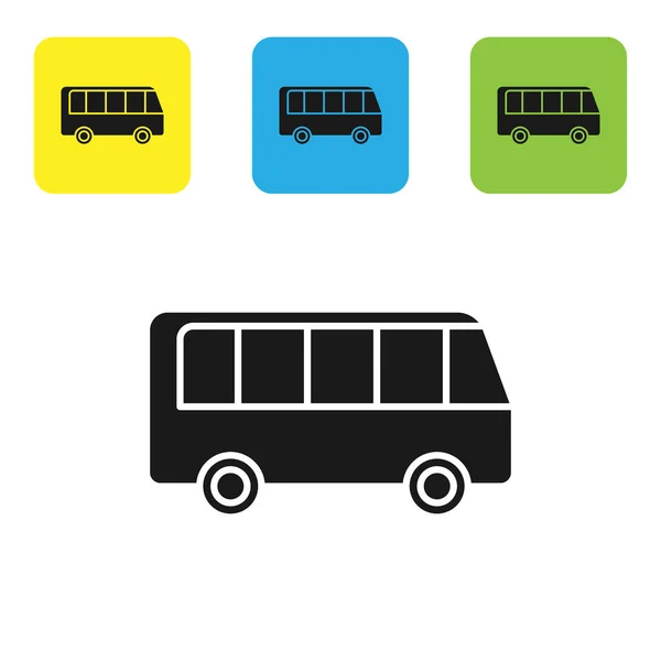 白い背景に黒いバスアイコンが隔離されています。輸送コンセプト。バスツアーの交通標識。観光や公共車両のシンボル。カラフルな正方形のボタンを設定します。ベクターイラスト — ストックベクタ