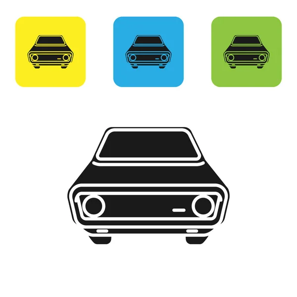 Icono de coche negro aislado sobre fondo blanco. Vista frontal. Establecer iconos coloridos botones cuadrados. Ilustración vectorial — Vector de stock