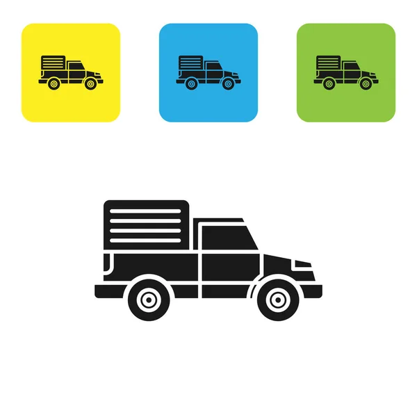 Černá Dodávka nákladní vůz ikona izolované na bílém pozadí. Nastavte barevná čtvercová tlačítka. Vektorová ilustrace — Stockový vektor