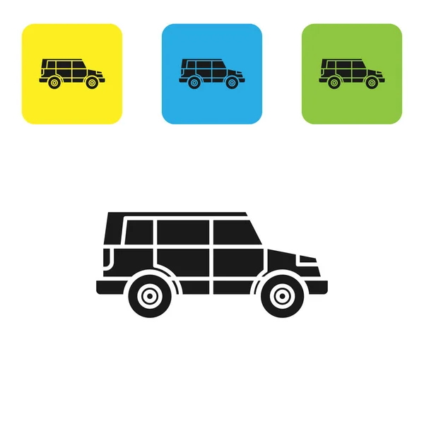 Zwart Off road auto pictogram geïsoleerd op witte achtergrond. Jeepteken. Stel pictogrammen kleurrijke vierkante knoppen. Vector Illustratie — Stockvector