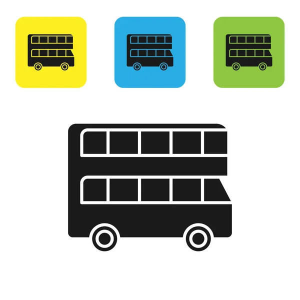 Schwarzes Doppeldeckerbus-Symbol isoliert auf weißem Hintergrund. Londons klassischer Passagierbus. Symbol für den öffentlichen Nahverkehr. setzen Symbole bunte quadratische Tasten. Vektorillustration — Stockvektor