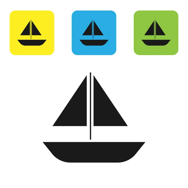 Velero de yate negro o icono del barco de vela aislado sobre fondo blanco. Navegación en barco de crucero marítimo. Establecer iconos coloridos botones cuadrados. Ilustración vectorial — Vector de stock