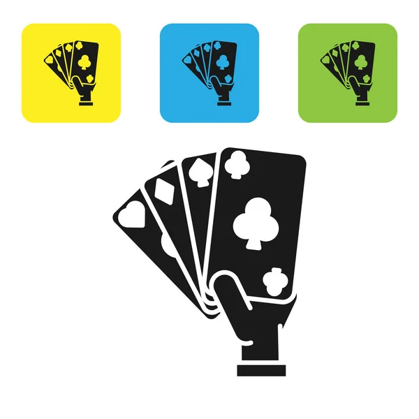 Mano Negra sosteniendo el icono de cartas aisladas sobre fondo blanco. Diseño del juego de casino. Establecer iconos coloridos botones cuadrados. Ilustración vectorial — Vector de stock