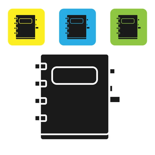 Schwarzes Notizbuch-Symbol isoliert auf weißem Hintergrund. Spirale Notizblock Symbol. Schulheft. Schreibblock. Tagebuch für die Schule. setzen Symbole bunte quadratische Tasten. Vektorillustration — Stockvektor