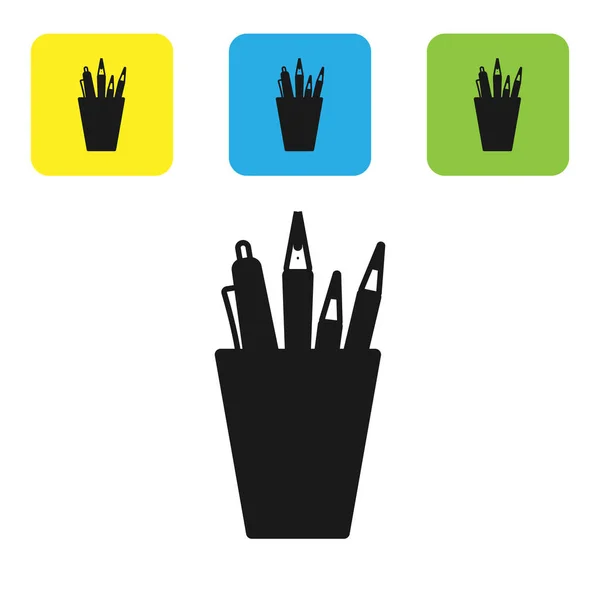 Schwarzes Bleistiftetui-Symbol auf weißem Hintergrund isoliert. Bleistift, Kugelschreiber, Lineal im Glas fürs Büro. setzen Symbole bunte quadratische Tasten. Vektorillustration — Stockvektor