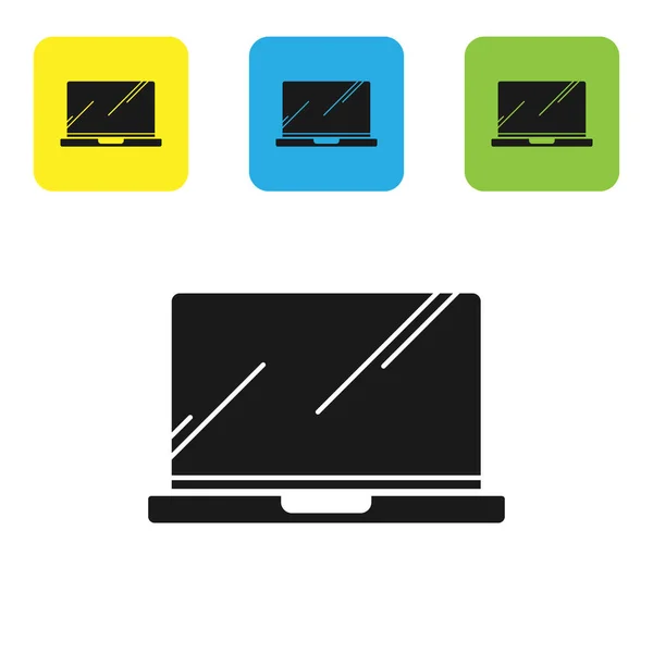 Czarna ikona laptopa na białym tle. Notebook komputerowy z pustym znakiem ekranu. Ustawianie ikon kolorowych kwadratowych przycisków. Ilustracja wektorowa — Wektor stockowy