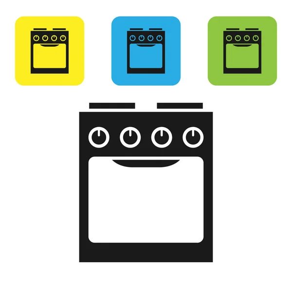 Black Oven icoon geïsoleerd op witte achtergrond. Een gasovenbord. Stel pictogrammen kleurrijke vierkante knoppen. Vector Illustratie — Stockvector